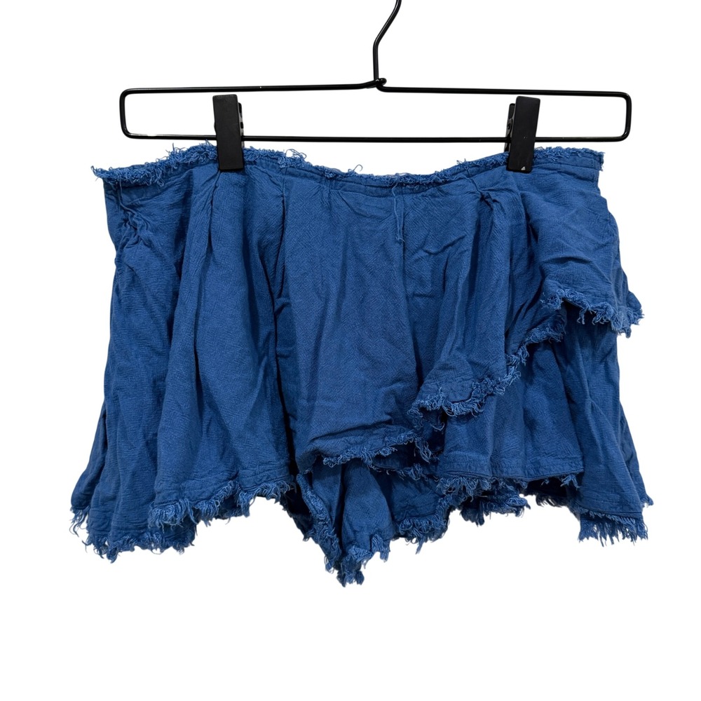 Free People Blue Ruffled Frayed Mini Skort XS Elastic Waist Boho Skirt Shorts